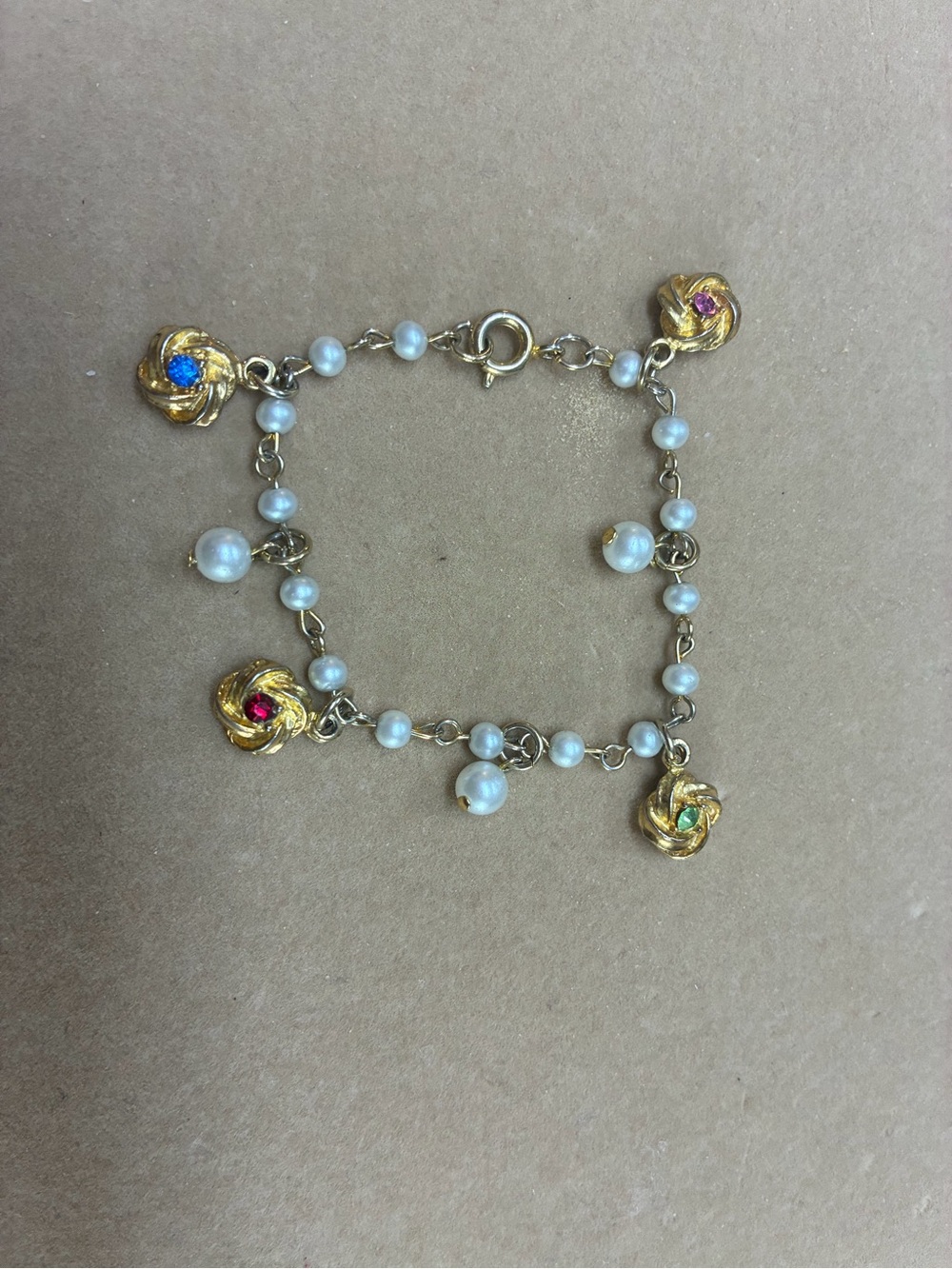 Pearl and Gold-Tone Charm Bracelet with Multicolor Stones